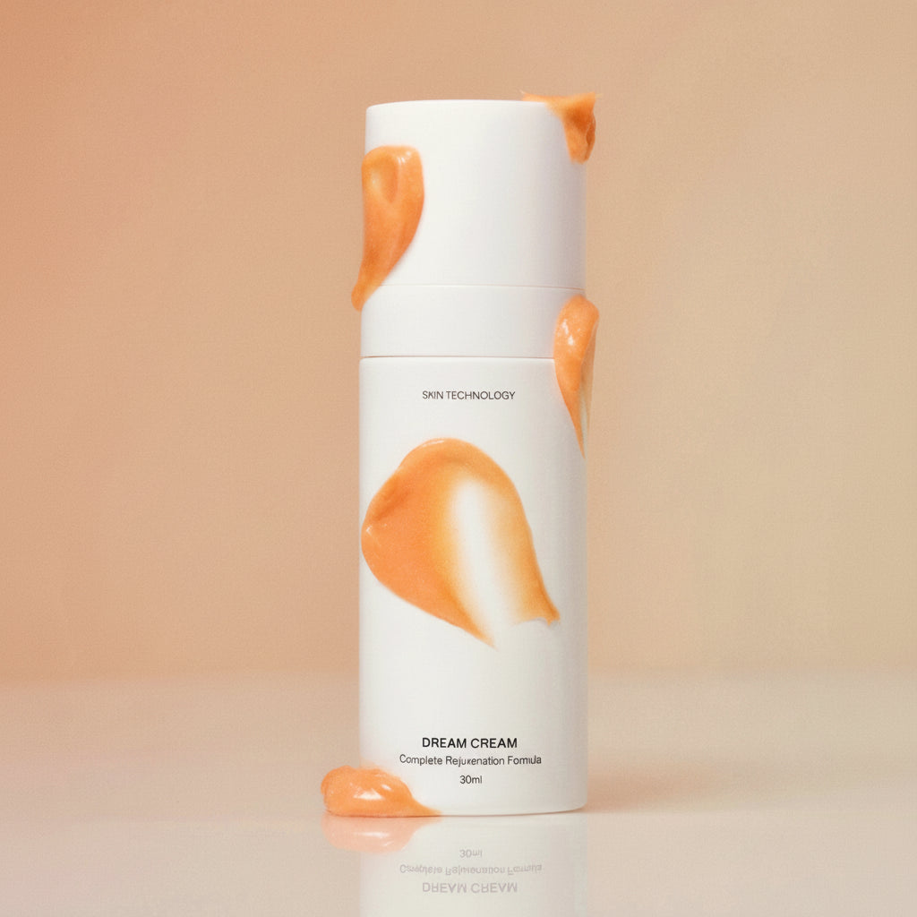 BESPOK cream bottle with orange accents on a beige background