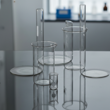 Set of clear glass beakers on a reflective surface with a blurred background